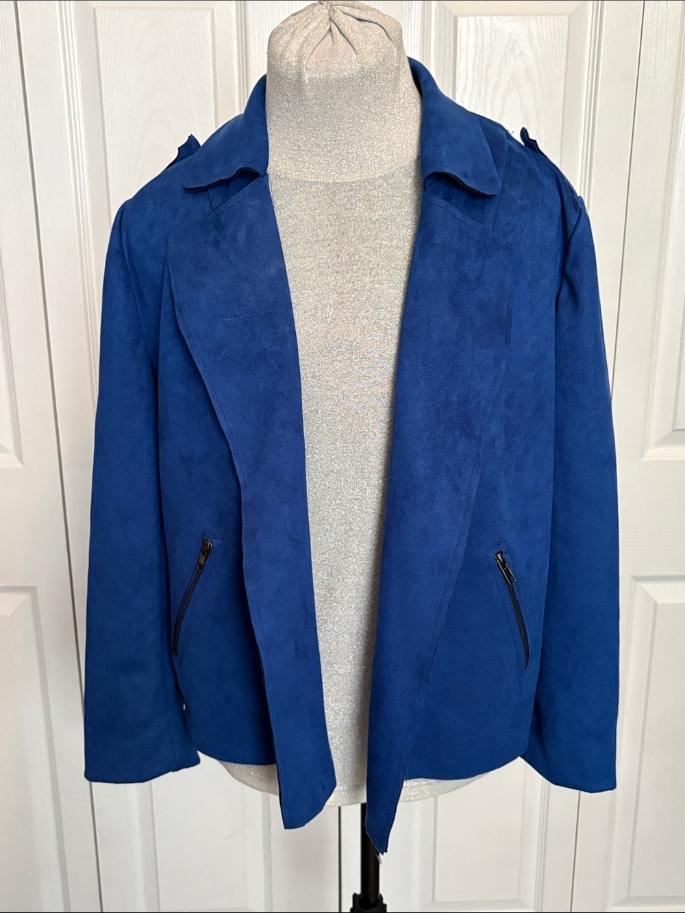 Solitaire Royal Blue Suede-Look Open Front Jacket XL Epaulettes military blazer